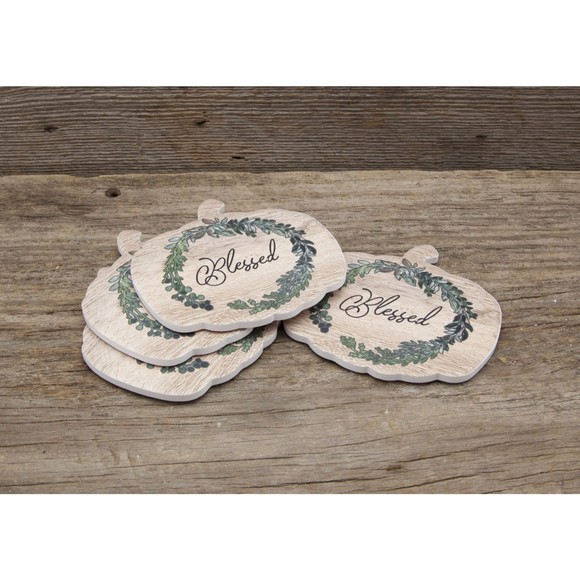 Celebrate Decorative Coaster Set Pumpkin Shape Blessed Stoneware Coasters 4pc - Picture 3 of 5